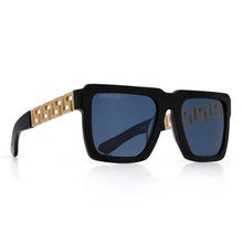 Load image into Gallery viewer, Greek Key Shades with Glossy Black Square Frame & Blue Tint Lenses